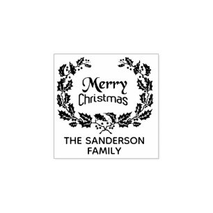 Personalised Family Christmas Holly Wreath Rubber Stamp