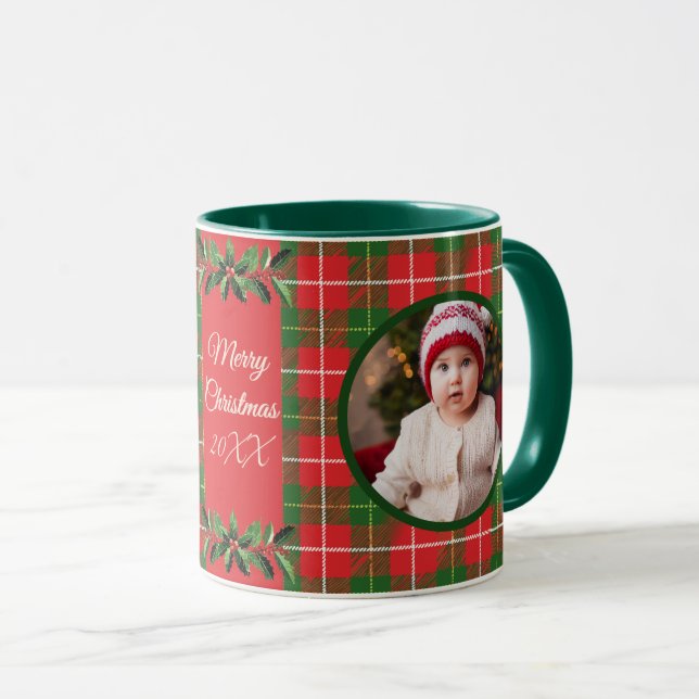 Personalised Family Christmas Red, Green Plaid Mug (Front Right)