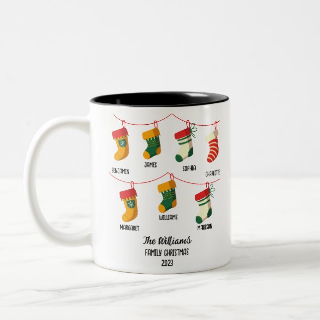 Personalised Family Christmas With 7 custom names Two-Tone Coffee Mug (Left)