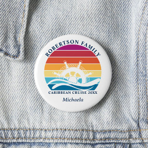 Personalised Family Cruise Retro Sunset Ship Wheel 6 Cm Round Badge