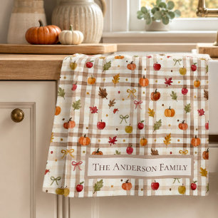 Personalised Family Fall Watercolor Gingham Tea Towel