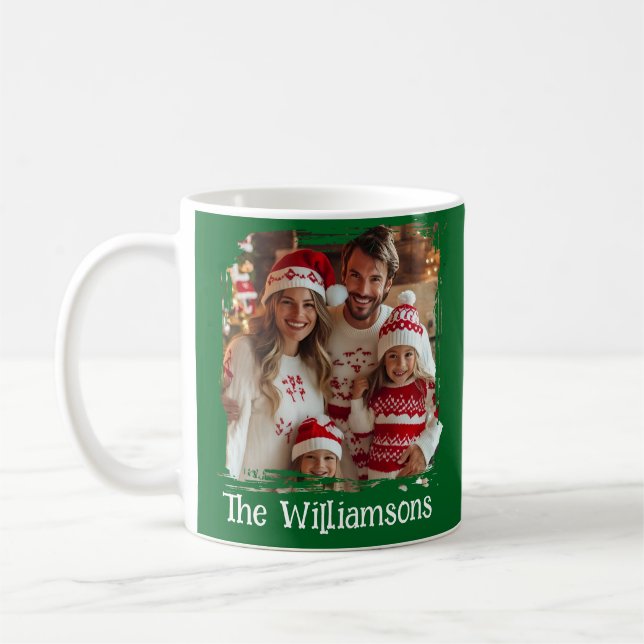 Personalised Family Holiday Green Photo Christmas  Coffee Mug (Left)