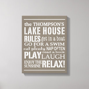 Personalised Family Lake House Rules Brown White Canvas Print