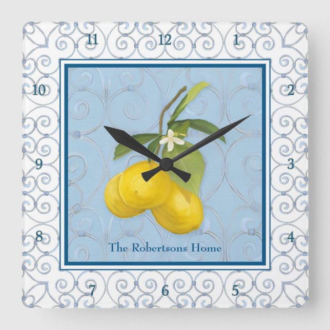 Personalised Family Lemons on Tree Branch w Leaves Square Wall Clock (Front)