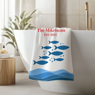 Personalised Family Modern Blue Coastal Fish Bath Towel