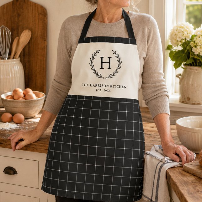 Personalised Family Monogram Modern Black Plaid Apron (Creator Uploaded)