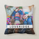 Personalised Family Monogram Surname Custom Photo Cushion<br><div class="desc">Custom throw pillow personalised with your photo and family surname. Your custom name is written in an uppercase black font with a white background, and the word "family" is written in an elegant hand lettered font script with curly swashes. Click "Personalise" to add your family name monogram and a large...</div>