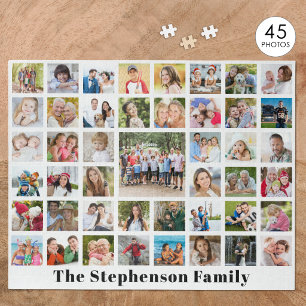 Personalised Family Name 45 Photo Collage White Jigsaw Puzzle