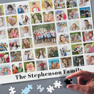 Personalised Family Name 45 Photo Collage White Jigsaw Puzzle