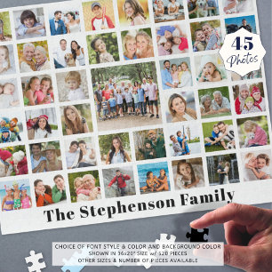 Personalised Family Name 45 Photo Collage White Jigsaw Puzzle