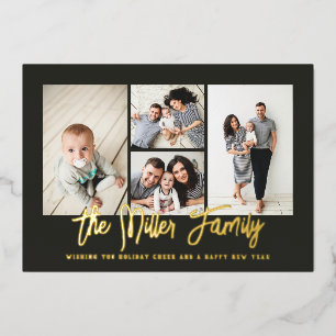 Personalised Family Name 4 Photo Collage Foil Holi Holiday Card