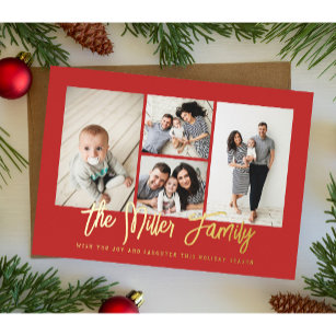 Personalised Family Name 4 Photo Collage Foil Holiday Card