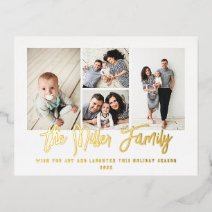 Personalised Family Name 4 Photo Collage Foil Holiday Postcard