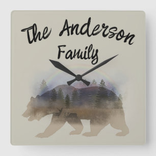Personalised Family Name Bear Silhouette Square Wall Clock