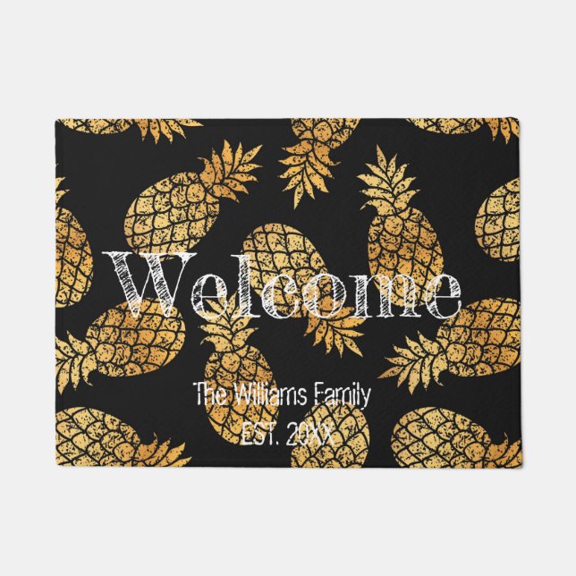 Personalised Family Name Black Gold Pineapple Doormat (Front)