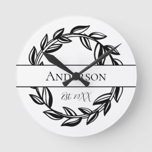 Personalised Family Name Black White Leaf  Round Clock