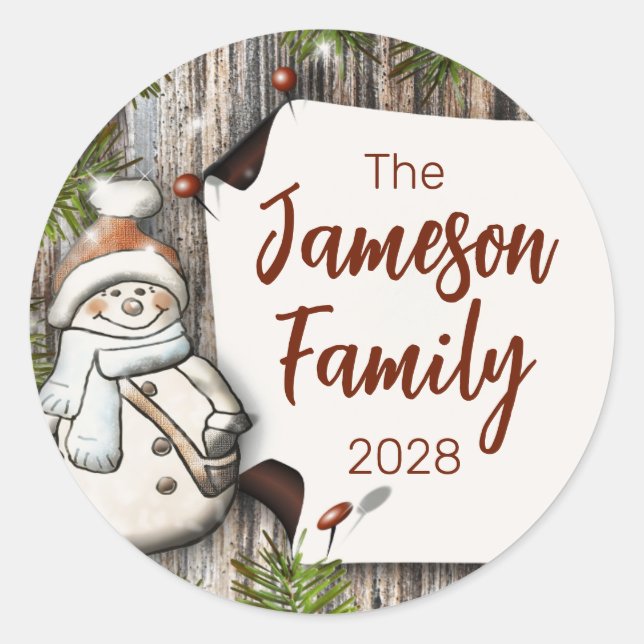 Personalised Family Name Christmas Snowman Classic Round Sticker (Front)