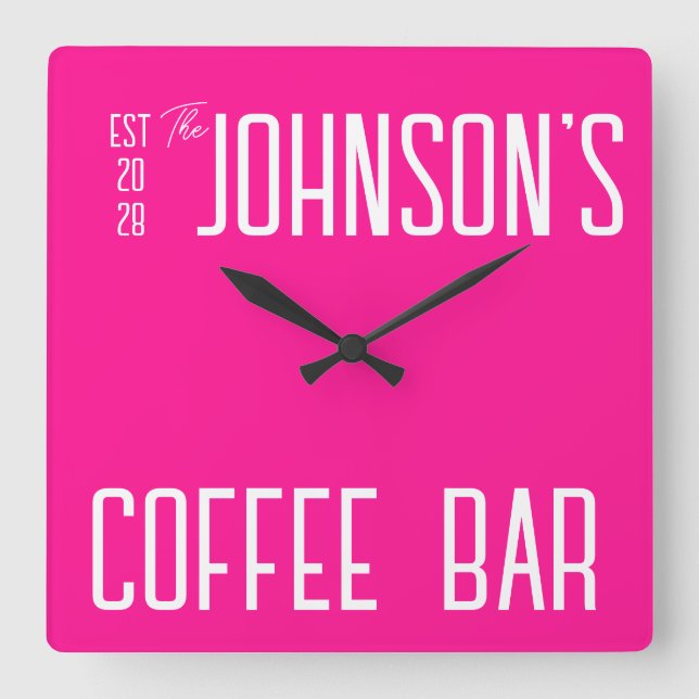 Personalised Family Name Coffee Bar Hot Pink Square Wall Clock (Front)