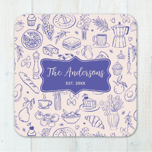 Personalised Family Name Cute Hand Drawn Food Square Paper Coaster