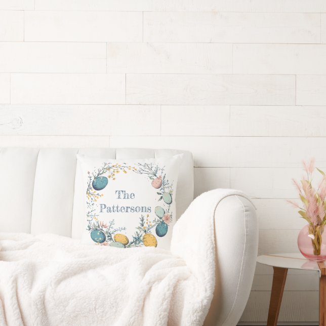 Personalised Family Name Floral Egg Wreath Easter Cushion (Couch)