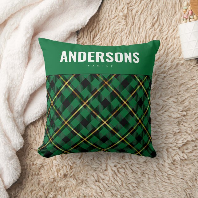 Personalised Family Name Green Buffalo Plaid  Cushion (Blanket)