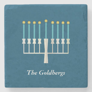 Personalised Family Name Hanukkah Menorah Blue Stone Coaster