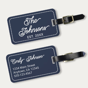 Personalised Family Name in Elegant Script Navy Luggage Tag