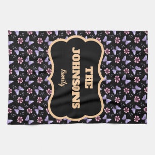 Personalised family name lavender butterfly floral tea towel