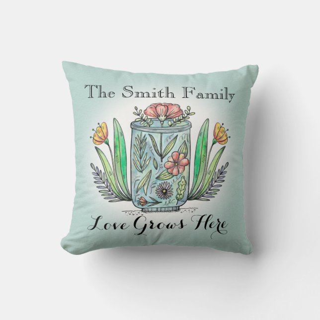 Personalised Family Name Love Grows Here Flower Cushion (Front)