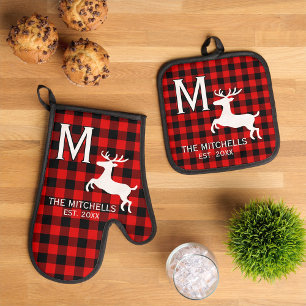 Personalised Family Name Monogram Rustic Deer Oven Mitt & Pot Holder Set