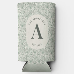 Personalised Family Name Monogram Sage Green Deco Seltzer Can Cooler