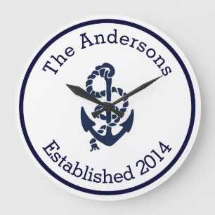 Personalised Family Name Nautical Navy Anchor Large Clock