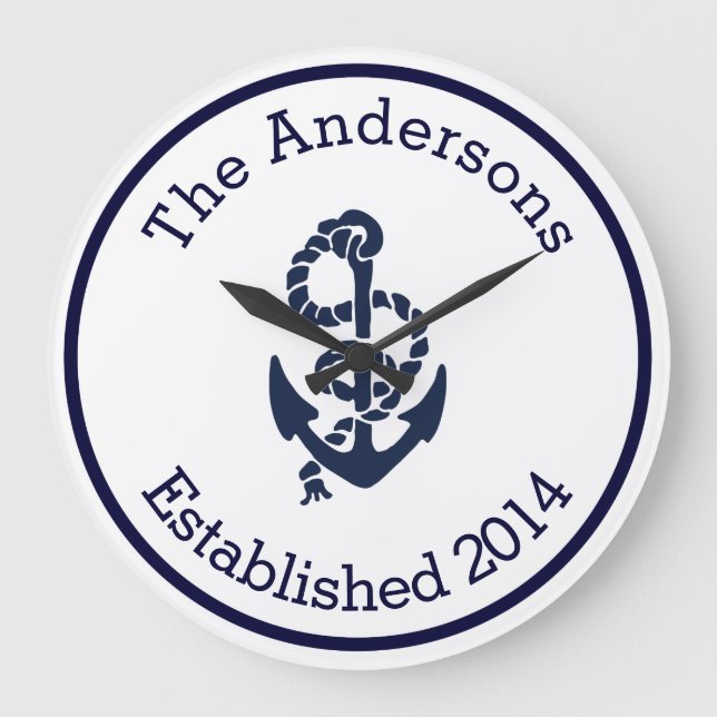 Personalised Family Name Nautical Navy Anchor Large Clock (Front)