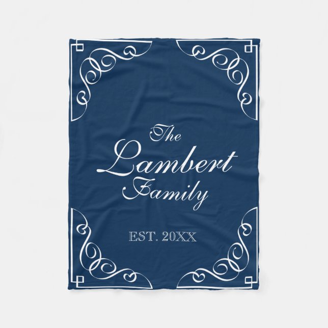 Personalised family name navy blue fleece blanket (Front)