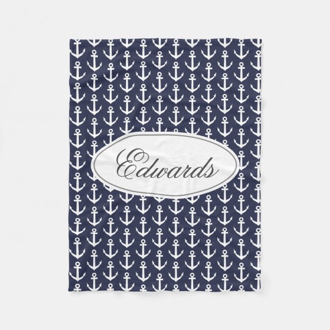 Personalised family name navy blue nautical anchor fleece blanket (Front)