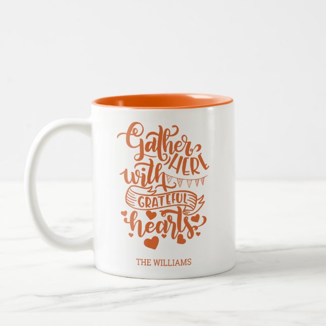 Personalised Family Name Orange Thanksgiving Two-Tone Coffee Mug (Left)