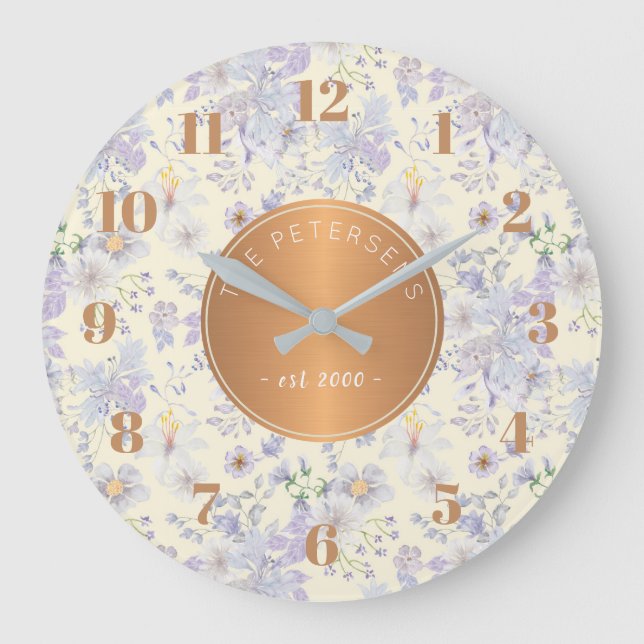 Personalised Family Name Pastel Floral Copper Large Clock (Front)