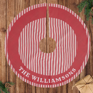 Personalised family name Red and White Striped Brushed Polyester Tree Skirt