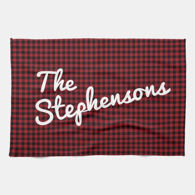 Personalised Family Name Rustic Red Black Plaid Tea Towel (Horizontal)
