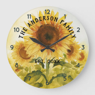 Personalised Family Name Sunflower Watercolor Large Clock