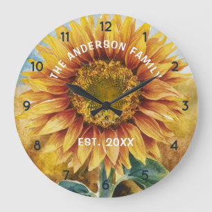 Personalised Family Name Sunflower Watercolor Large Clock