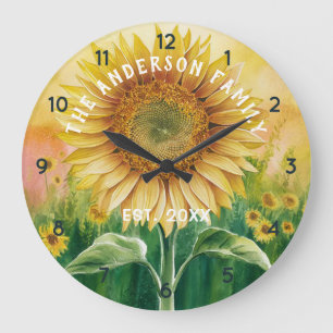 Personalised Family Name Sunflower Watercolor Large Clock