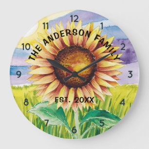 Personalised Family Name Sunflower Watercolor  Large Clock
