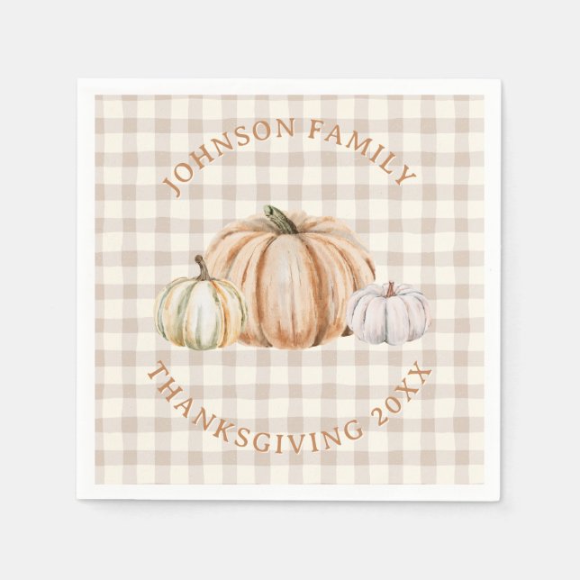 Personalised Family Name Thankful Neutral Gingham Napkin (Front)