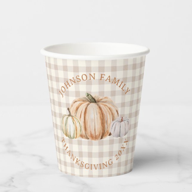 Personalised Family Name Thankful Neutral Gingham Paper Cups (Front)