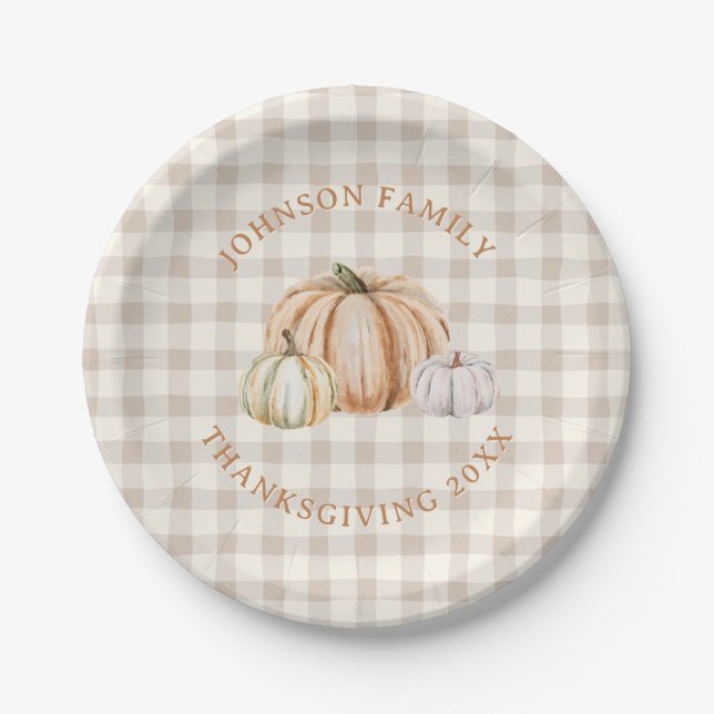Personalised Family Name Thankful Neutral Gingham Paper Plate (Front)