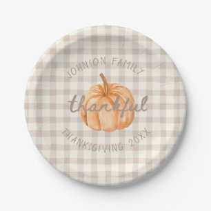 Personalised Family Name Thankful Neutral Gingham  Paper Plate