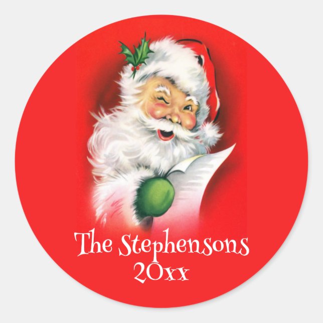 Personalised Family Name Winking Santa Christmas Classic Round Sticker (Front)