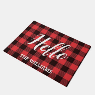 Personalised Family Name with Hello buffalo plaid Doormat