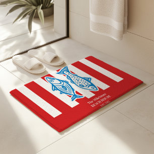 Personalised Family Nautical Red Sardine Stripes Bath Mat